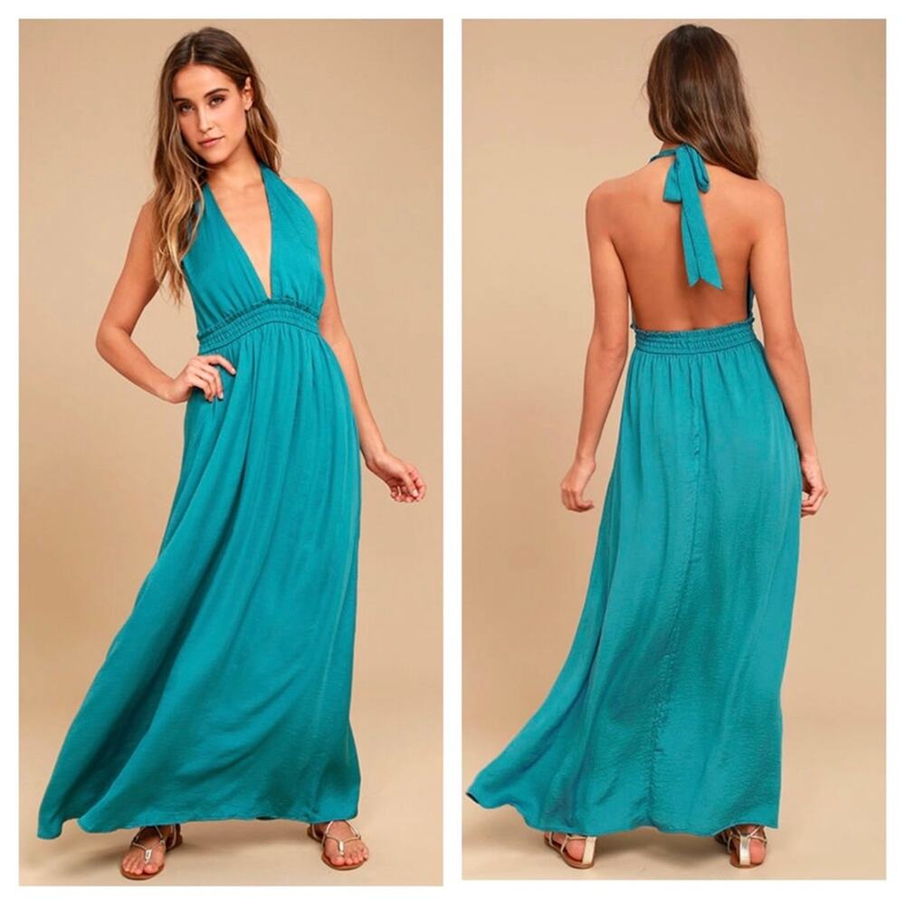 Lulus Unforgettable Night Maxi Dress XS Teal Blue Satin Halter Open Back Beach